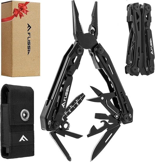 FLISSA 16-in-1 Stainless Steel Multi Tool, Gifts for Men, EDC Multitool with Pocket Knife, Pliers, Belt Clip and Oxford Sheath, Self-locking Utility Multi-Tool for Camping Survival Outdoor