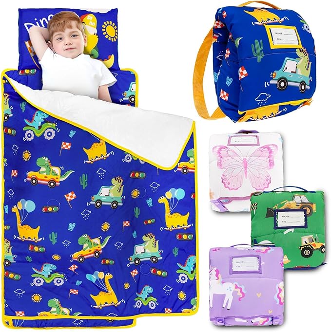 Primlect Toddler Nap Mat with Removable Pillow and Flannel Blanket, Portable Sleep Bag for Kids, Easy to Roll up, Washable, Perfect for Daycare, Preschool, Boys and Girls, 3-6 Years