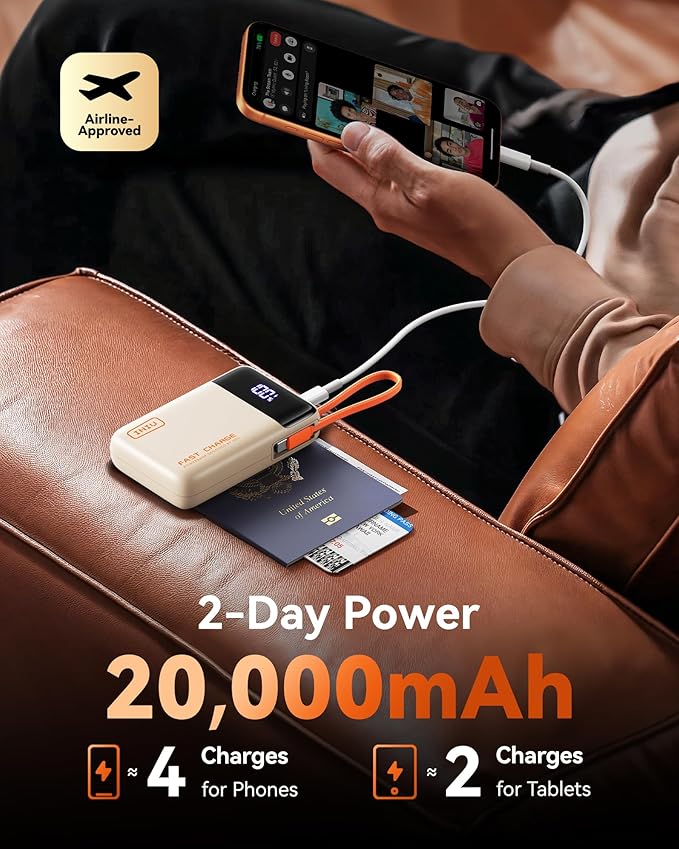 INIU 20000mAh Portable Charger, Small Power Bank, 45W PD Fast Charging Battery Pack, Fast Charging USB C in&Out Battery Pack, Travel Phone Charger for iPhone 17 16 15 Air Samsung S25 S24 Google, Beige