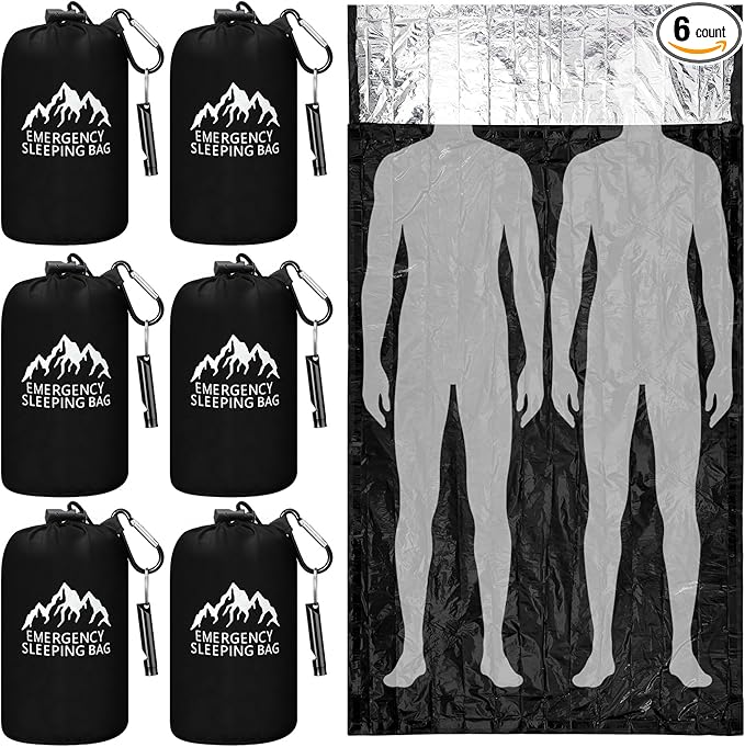 Oudain 6 Pcs XL Emergency Sleeping Bag 94.5" x 49.2" Waterproof Survival Sleeping Bag with Whistle Carabiner Portable Thermal Bivy Sack Emergency Blankets for Camping Hiking Outdoor