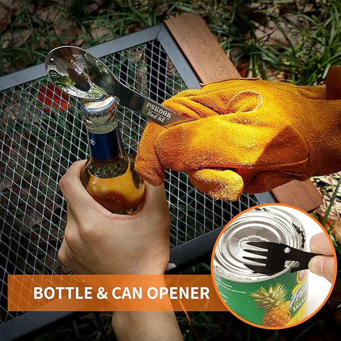 PSKOOK 5-in-1 Utility Tactical Spork, 2-Pack Stainless Steel Spoon & Bottle Opener, Fork & Knife, Can Opener Combo Camping Utensil for Hiking, Camping or Backpacking (Black & Matte Silver)