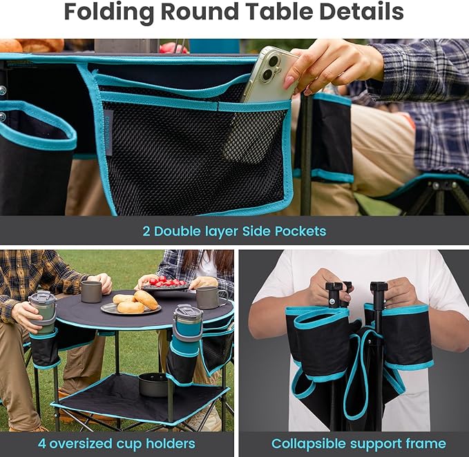 FUNDANGO All in One Tailgate Table, Portable Beach Table with Cup Holders, Camping Table Foldable with Side Pockets Carry Bag for Camp Outdoor Sand Beach Picnic Fishing Tailgating Essentials