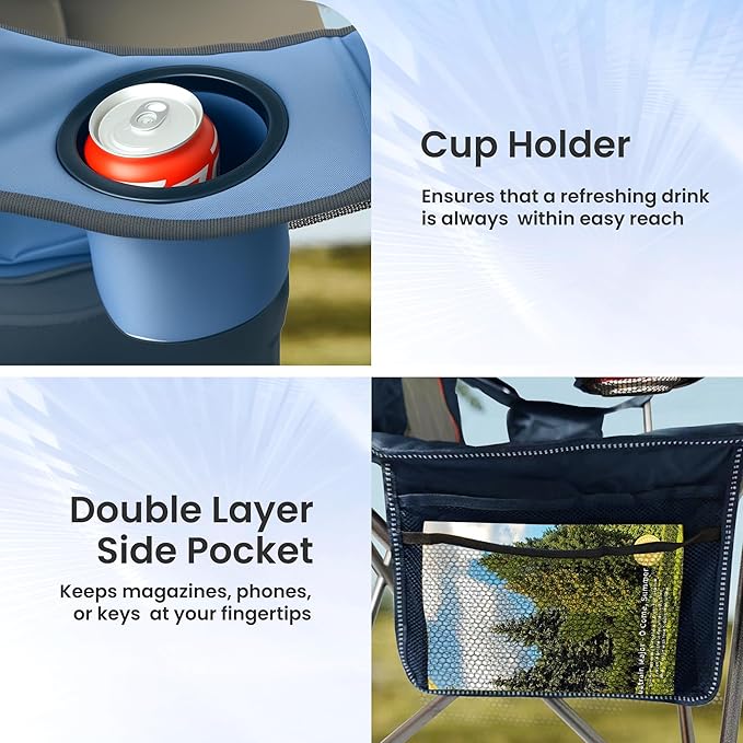 Oversized Camping Chair Heavy Duty- Portable Folding Chair, Cup Holder & Waterproof Phone Case for Adults, Beach, Hiking, Backyard (Blue & Brown, 2 PCS)