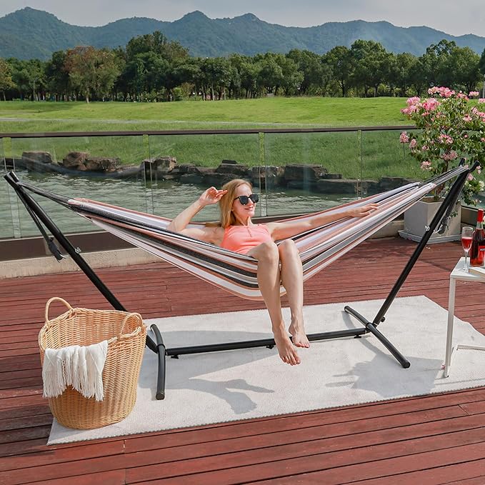 Prime Garden Hammock with Stand for Outside, Heavy Duty Space Saving Steel Stand with 450 lb Capacity, Double Hammock with Portable Carrying Bag, Hamacas Para Adultos for Outdoors, Patio, Garden, Yard