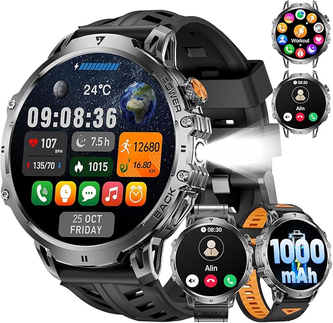 Military Smart Watch for Men, 1.85" HD Large Screen, Bluetooth Call/1000mAh/Flashlight/Heart Rate Sleep Monitor, 110+ Sports Modes Fitness Tracker Watch for Android iOS, Holiday, 3 Straps, Black