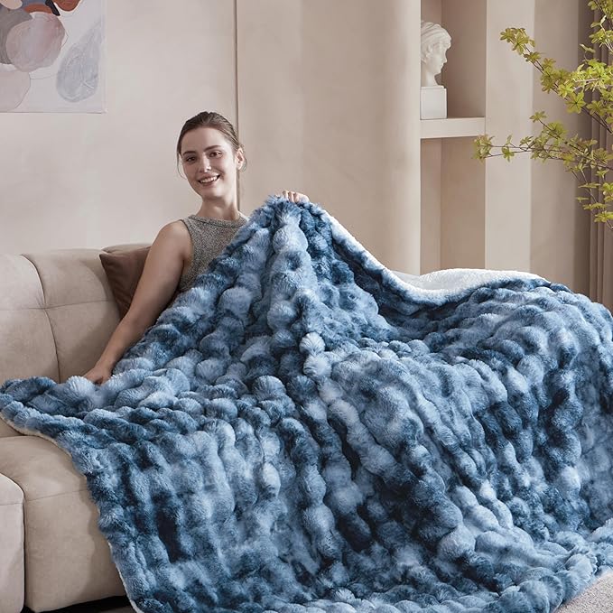 60x80 Inches Ultra-Soft Fuzzy Faux Fur Plush Twin Size Blanket - Thick, Warm Sherpa for Couch, Sofa, Bedroom, Camping - Decorative Blanket for Cozy Warmth, Bubble Dark Blue Tie Dye