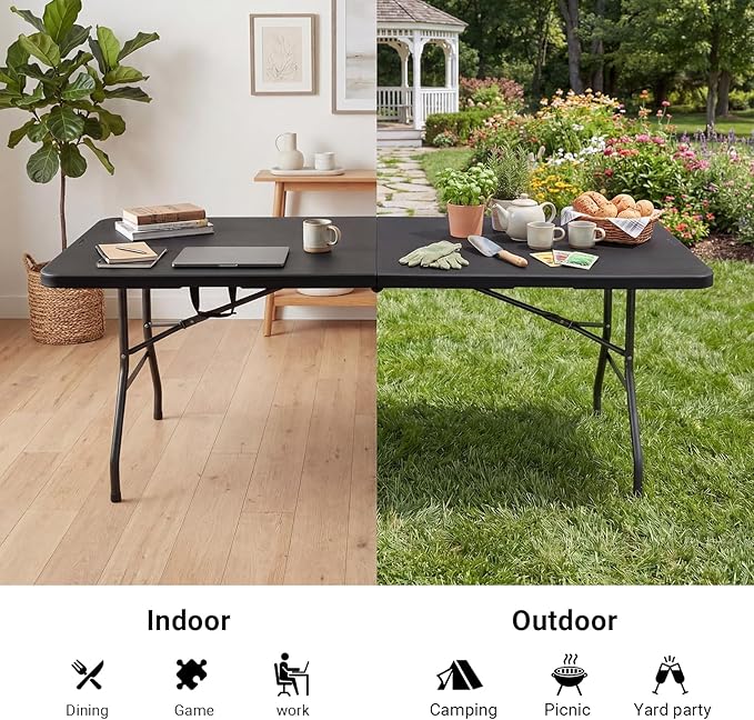 Byliable Folding Table 6ft, Heavy Duty Portable Plastic Fold-in-Half Utility Table with Carrying Handle for Indoor Outdoor, Camping Picnic Party, Black