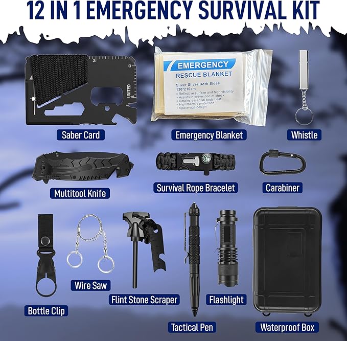 Emergency Survival Gear Kit 12-in-1 – Outdoor Adventure Equipment with LED Tactical Flashlight, Fire Starter Glass Breaker Pen – Camping Hiking Hunting Accessories – Survival Gifts for Men Dad Husband