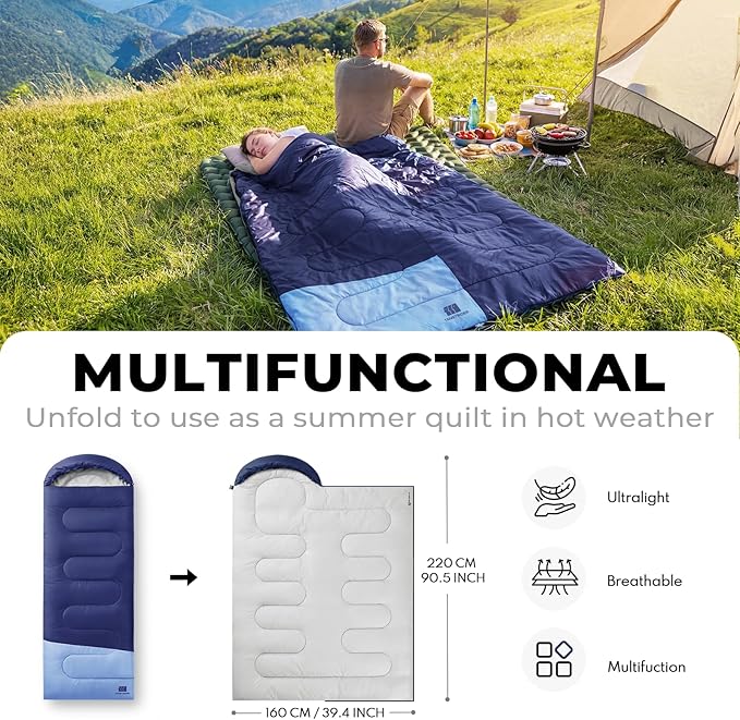 Ultralight Warm Weather Sleeping Bag - Portable, Waterproof, Compact Lightweight, Comfort with Compression Sack - Great for Outdoor Camping, Backpacking & Hiking