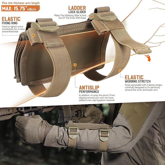 LIVANS Map Case Tactical Arm Sleeve QB Wristband Map Pouch Tactical Armband Sleeve Military Arm Wrist Pouch Document DOPE Card Holder for Shooting Rescue Field Measurement, Include Flag Patch