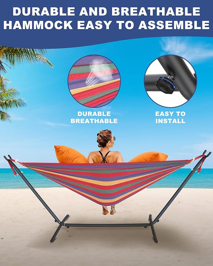 EveryFun Double Hammock with Heavy-Duty Steel Stand,Portable,Easy Assembly,600lbs Weight Capacity,Suit for Indoor,Yard,Camping,or Outdoor-Wide Red