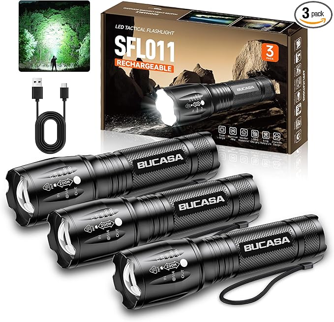 BUCASA 3 Pack Rechargeable Flashlights High Lumens, Brighter Small Flashlight Powerful Tactical Flashlights Rechargeable, Waterproof LED Flashlight with 3 Modes Zoomable for Camping Emergency