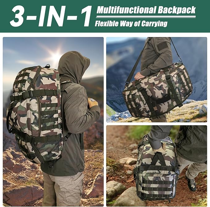 Hannibal Tactical 65L Large Duffle Bag, 3-in-1 Tactical Backpack MOLLE Pack for Gym, Sports, Outdoor, Woodland