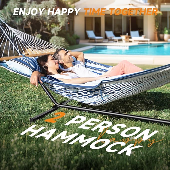Everyfun 2 Person Outdoor Hammock with Stand, Cotton Rope Hammock with Polyester Pad, Adjustable Steel Frame, Portable with Carrying Bag – for Patio, Backyard, Garden, Beach, Blue Stripe