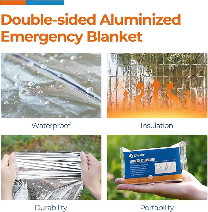 K Kingstar Emergency Blankets 10 Packs, 84" L x 52" W, Bulk Survival Blankets for Disaster Prep & Homeless Care, Heavy-Duty Reusable Mylar Retains Body Heat in Extreme Cold, A Must-Have for Car Kits