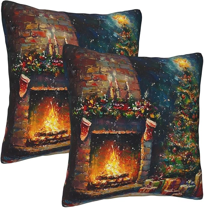 Christmas Tree and Fireplace Throw Pillow Covers 18x18 inch Set of 2 Xmas Pillow Case Cushion Cover for Home Sofa Couch Living Room Car Decor