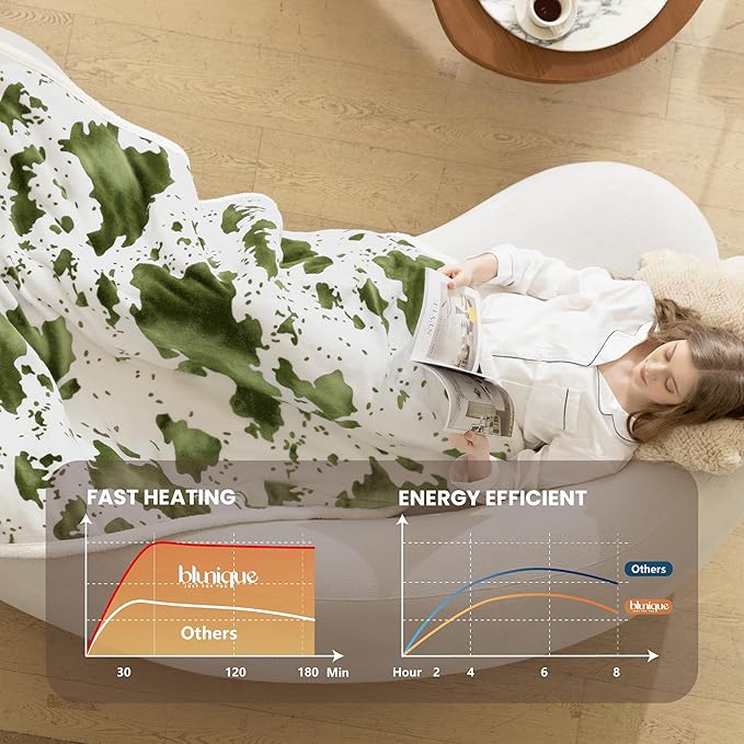 Heated Blanket Twin Blanket - Fast Heating Electric Blanket, Soft Flannel Heated Twin with 4 Time Settings,10 Heating Settings, Warm Gifts for Women & Mom & Grandma(62"x84"Cow Print Sage)