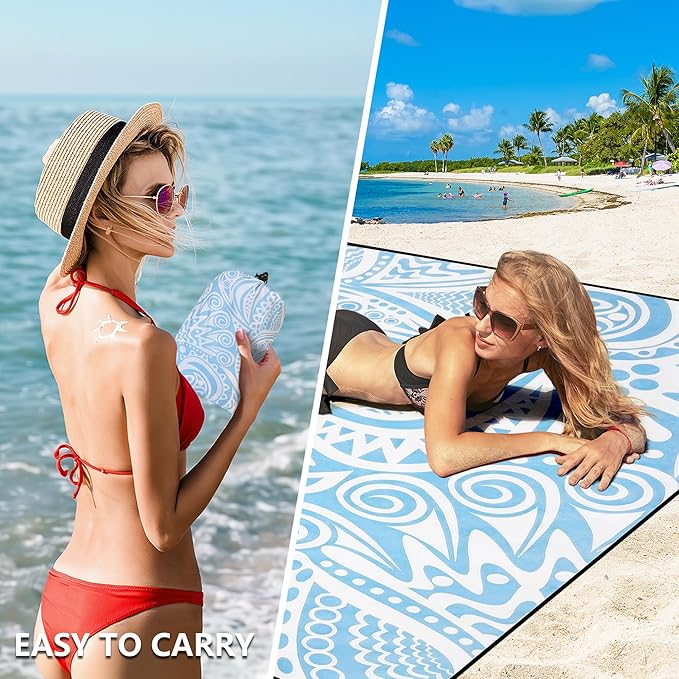 HIHOHO Beach Blanket Waterproof Sandproof Beach Mat 79”x 83” for 1-8 Adults Quick Drying Durable Outdoor Picnic Mat for Beach Festival Travel Camping Hiking (Flower Ripple-BL, 79"×83"(4 Person))