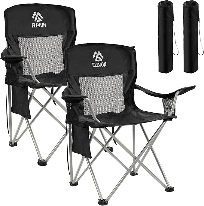 Elevon Camping Chair, Portable Folding Outdoor Chair with Arms, Cup Holder and Carry Bag