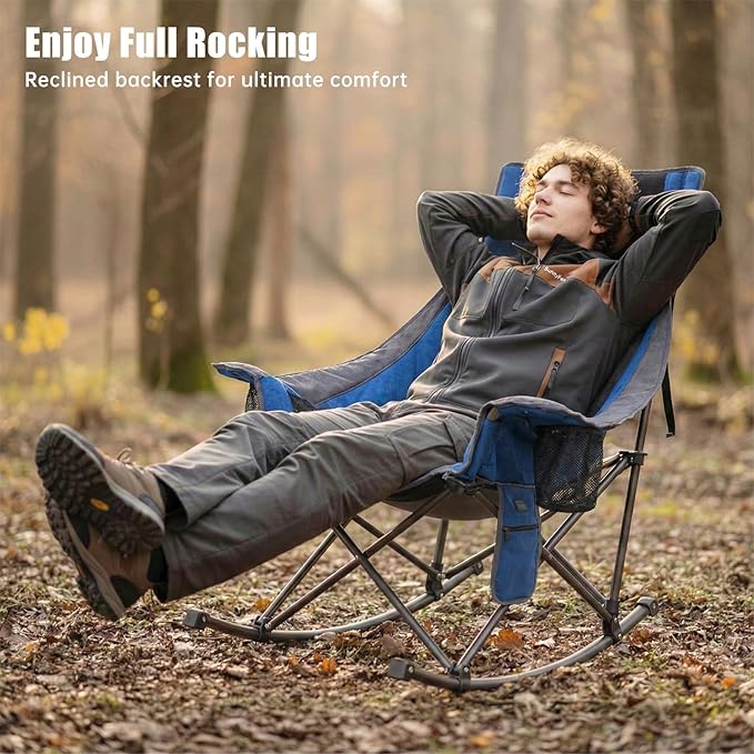 SUNNYFEEL Heated Rocking Camping Chair Fully Padded Patio Folding Chair Portable Oversized Outdoor Rocker High Back Lawn Recliner with Side Pocket Camp Rocker Chairs for Adults Heavy Duty 500 LBS Blue