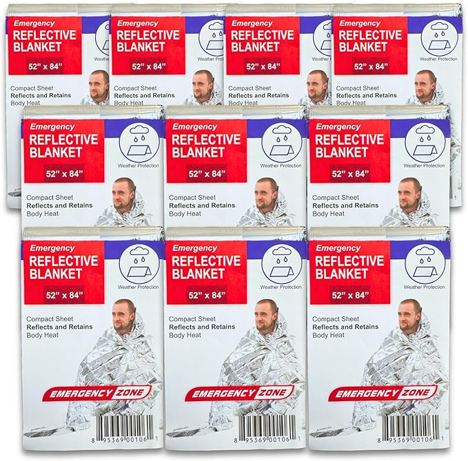 [10 Pack] Thermal Reflective Emergency Blanket 52”x84” | Emergency Mylar Blankets | Survival Blanket for Survival Supplies | Camping, Hiking, or Emergencies