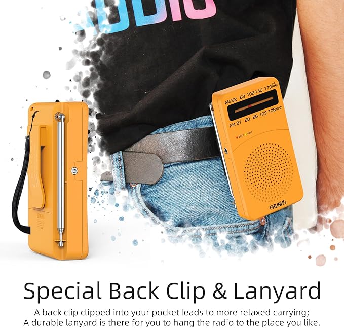 PRUNUS J-166 Portable Radio AM FM, Gifts for Dad and Mom, Battery Operated Radio with Tuning Light, Back Clip, Excellent Reception, AM FM Radios Portable, Transistor Radios