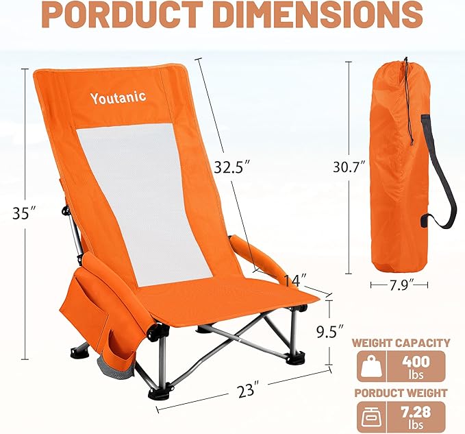 Youtanic High Back Beach Camping Chair 2 Pack, Extra Wide Folding Outdoor Chair with Cooler Bag, Breathable Mesh & Dual-Use Pillow, Portable Lounge Seat for Adults, Sand, Sports, Picnic, Orange