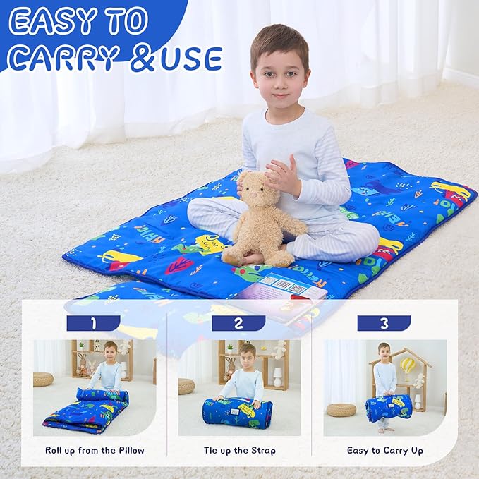 UOMNY Toddler Nap Mat for Boys-Dinosaur Nap Mats with Pillow,Boys Girls Sleep Mat for Preschool Kindergarten 53 x 22 inches