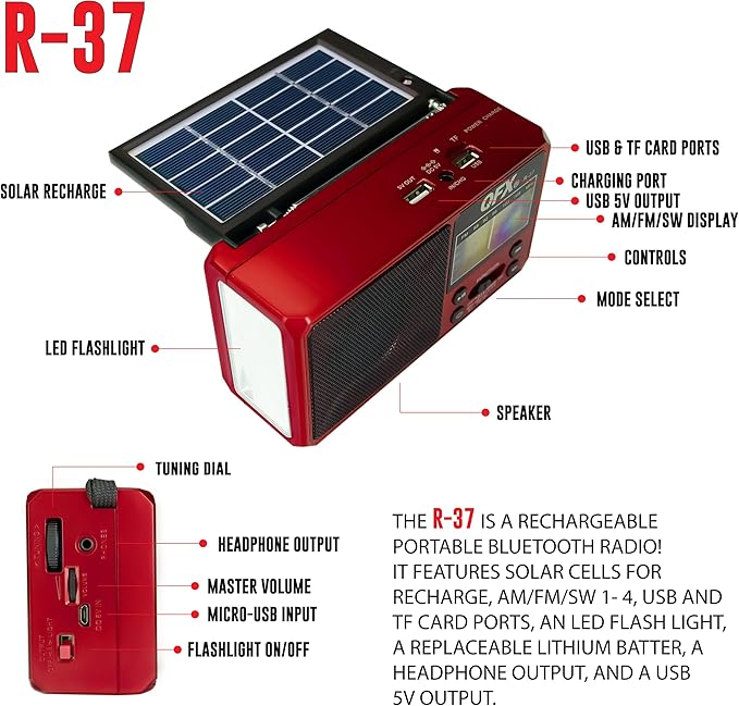 QFX R-37 (AM, FM, SW1) 6-Band Solar Powered Radio with Bluetooth, LED Flashlight, USB & Micro SD Ports