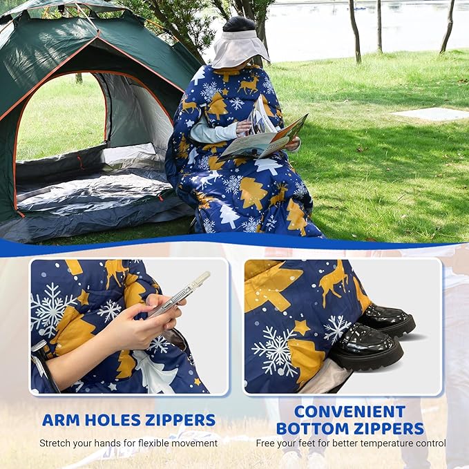 KINGROCK Christmas Sleeping Bag for Adults, Backpacking Sleeping Bag – Walkable with Arm Zippers, Waterproof and Warm to 23°F, Compact for Camping, Stadiums and Travel (Color: Christmas)