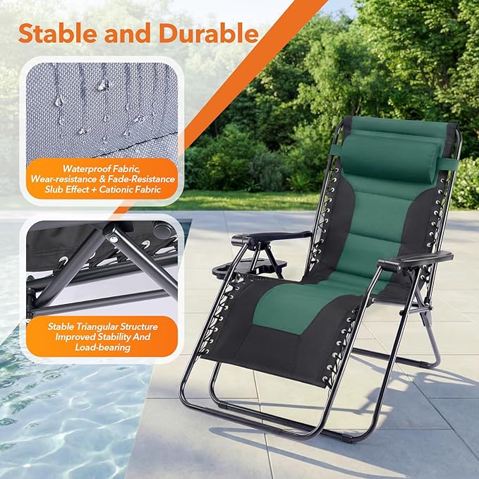 Sweetcrispy Zero Gravity Chairs, Foldable Patio Reclining Chairs with Adjustable Pillow & Cup Holder, Oversized Portable Support 400 lbs, for Backyard Camping(Black-Green)
