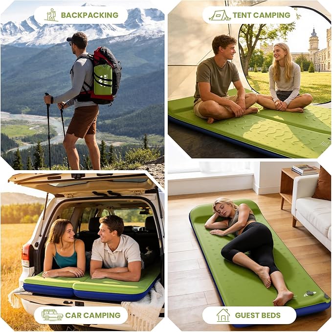 TEKIK Memory Foam Camping Pad, Ultra-Thick Foam Sleeping Pad for Camping with Pillow, 20s Fast self Inflate&Deflate, 9.5 R-Value Insulated Camping Mattress, Suitable for Tent, Car Travel & More