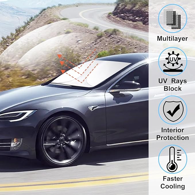 Windshield Sun Shade Custom Fit 2012-2023 2024 2025 2026 TES-la Model S Accessories (Fit Long Range/LR Model) Foldable Window Sunshade Sun Blocker Visor Protector