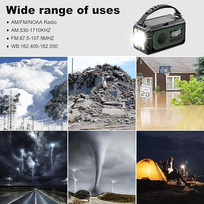 44400mWh/12000mAh Emergency Radio, Hand Crank Portable Solar Radio AM/FM/NOAA Weather Radio with 2 Solar Panels,3 Charging Methods,SOS Alarm,Flashlight,Phone Charger,Compass,Reading Lamp