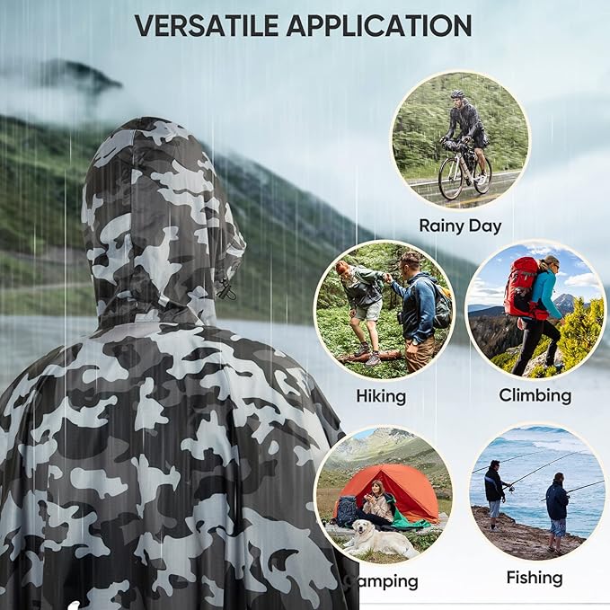 PTEROMY 3-in-1 Hooded Rain Poncho for Adult with Pocket, Waterproof Lightweight Unisex Raincoat for Hiking Camping Emergency