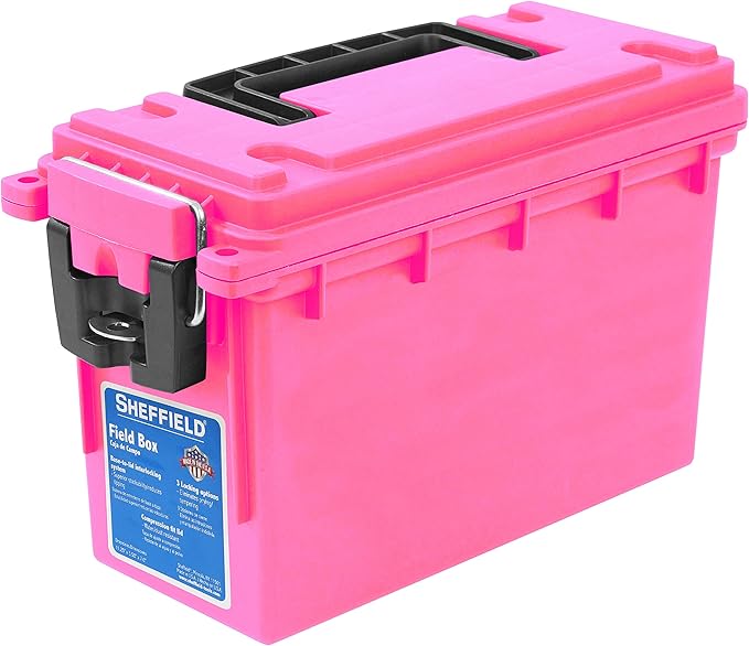 Sheffield 12631 Ammo Storage Box, Stackable .30 Cal Field Boxes, Water and Dust Resistant, Lockable Storage Box with Handle, Secures Hunting Gear, Supplies, and Bullets, Made in USA, Pink, (Pack of 6)