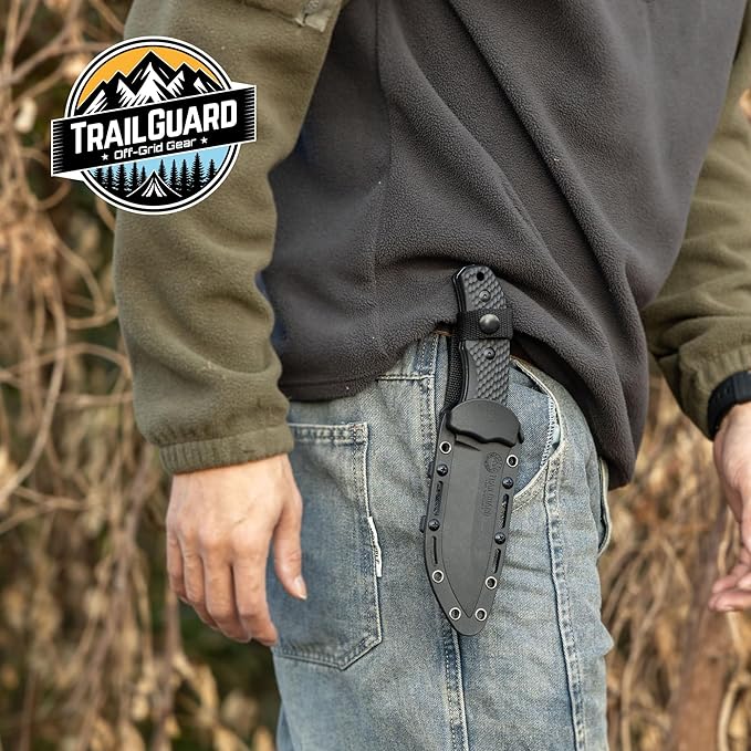 Off-Grid Gear TRAILGUARD Camping & Tactical Fixed Blade Knife, Stainless Steel Blade, Grippy FRN Scales, Sheath, Built For Campers, Preppers, Hunters, Fishermen, Survivalists, Handymen, Boaters, Bug Out Bag (Blackout)