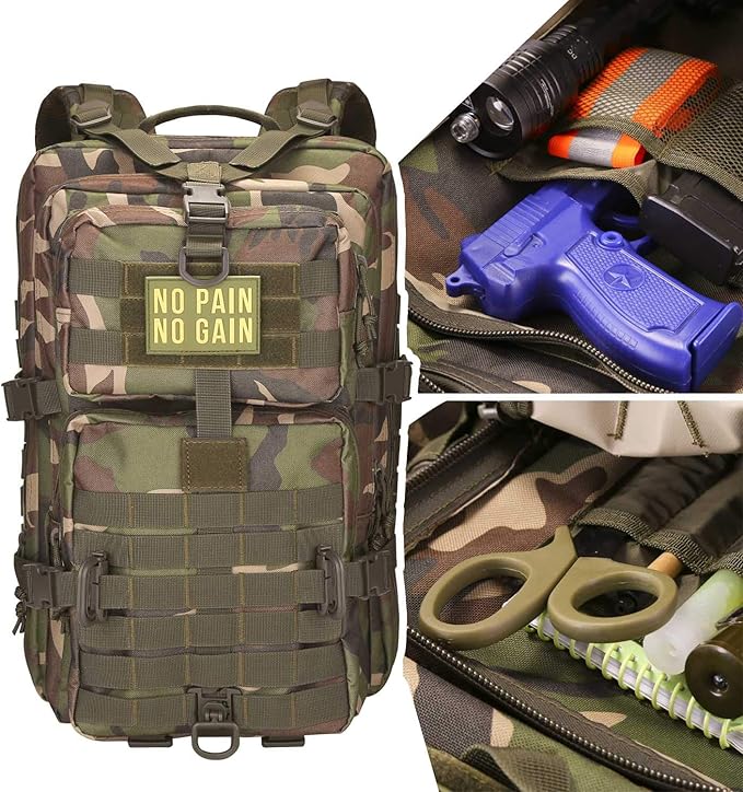 Hannibal Tactical MOLLE Assault Backpack, Tactical Backpack Military Army Camping Rucksack, 3-Day Pack Trip w/Patch, D-Rings, Woodland