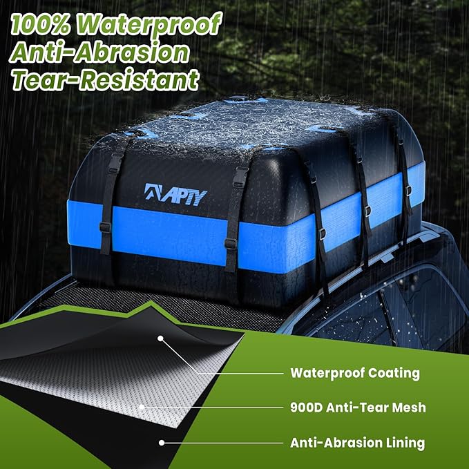 APTY 23 Cubic Feet Car Rooftop Cargo Bag Carrier, Soft Roof Top Luggage Bag for All Vechicles with/Without Racks - with Waterproof Zip, Luggage Lock, Anti-Slip Mat, Storage Bag, Door Hooks, Blue