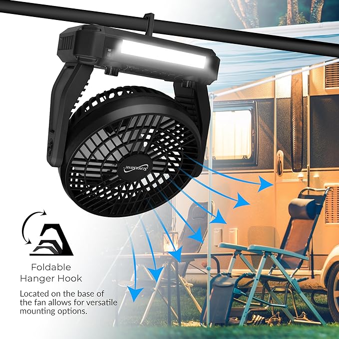 Supersonic SC-1076ERF Solar Powered Portable Fan with 6-Inch Fan Diameter, Adjustable 3 Wind Speed, Foldable Hanger Hook, LED Flashlight, Bluetooth, FM Radio, AUXUSB/mSD Inputs