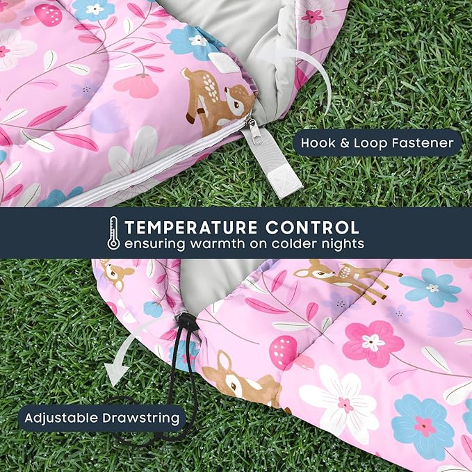 Wake In Cloud - Kids Sleeping Bag for Girls Toddlers, Camping in Warm Cold Weather, Backpacking Lightweight Compact Outdoor Liner for 3 Seasons, Deer Floral Garden
