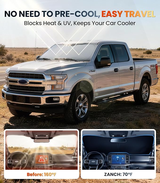 Zanch Custom Windshield Sun Shade for Ford F150/250/350/450 2015-2026, 7-Layer Heavy-Duty UV & Heat Block Protection, 3D Laser Scanned Instant Cooling, Foldable Truck Accessories