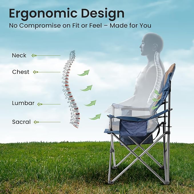 Oversized Camping Chair Heavy Duty- Portable Folding Chair, Cup Holder & Waterproof Phone Case for Adults, Beach, Hiking, Backyard (Blue & Brown, 2 PCS)