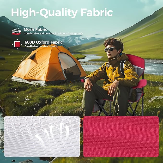 ALPHA CAMP Oversized Mesh Back Camping Folding Chair Heavy Duty Support 350 LBS Collapsible Steel Frame Quad Chair Padded Arm Chair with Cup Holder Portable for Outdoor (Red/Grey)