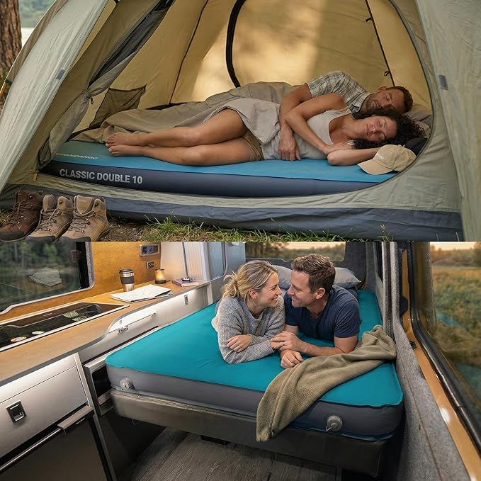 FUNDANGO 4'' Thick Self Inflating Sleeping Pad with Foam, 8.7 R Value, XL Double Mattress, Outdoor Portable Camping Air Mat for Tent, Car or Home