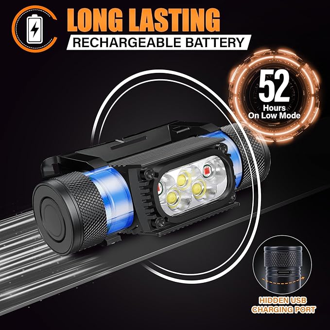 Headlamp Rechargeable, 2000 Lumen Super Bright LED Head Lamps with Red Light, IP67 Waterproof Rechargeable Headlight with 10 Modes, 2600 mAh Battery Powered Head Lights for Adults Outdoor Camping
