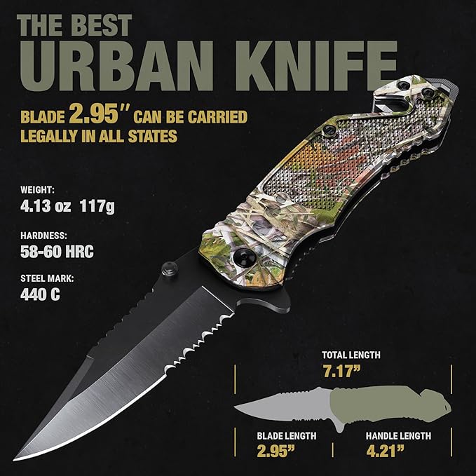 GOOD WORKER Legal Pocket Knife with 2.95” Serrated Blade, Glass Breaker, Seat Belt Cutter - EDC Sharp Folding Knives with Portable Clip - Small Tool for Tactical Camping Survival Hiking - Gifts for Men, Women
