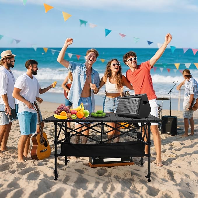 Folding Camping Table, Outdoor Roll-up Table Height Adjustable & Portable Metal Camp Grill Table for Picnic, BBQ, Party, Backyard, Beach, Mesh Storage and Carry Bag (Ash Black, 37.4'' Large)
