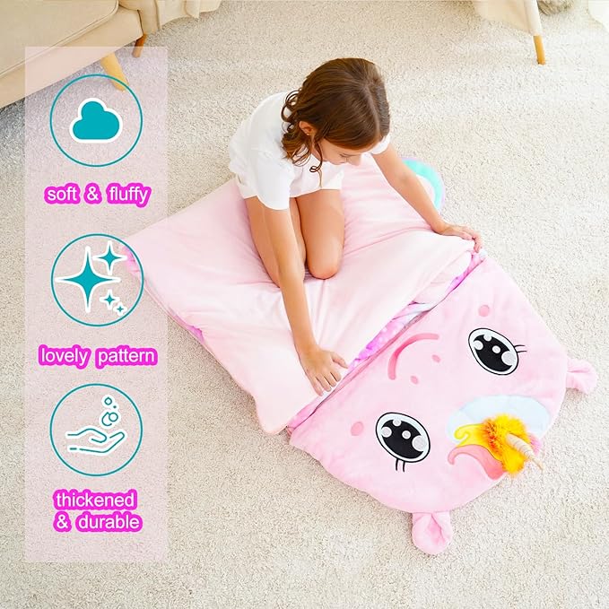 Kid Sleeping Bag with Pillow - Larger Nap Mat - Plush Slumber Bag for Boys Girls Daycare Preschool Kindergarten Birthday Gift Travel Sleepover Ages 3-12 Years