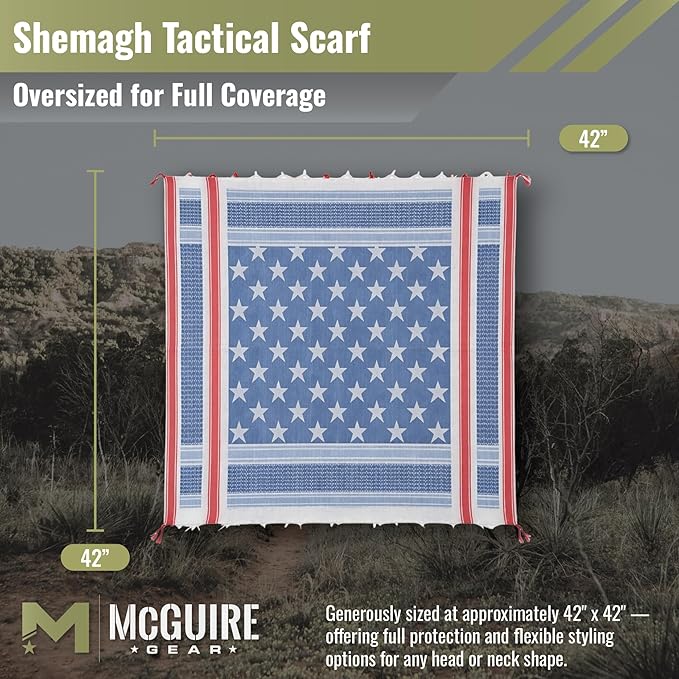 M MCGUIRE GEAR Shemagh Tactical Scarf, Middle Eastern Desert Hood, Bandana, Keffiyeh, Military Style, 100% Cotton, 42" x 42"